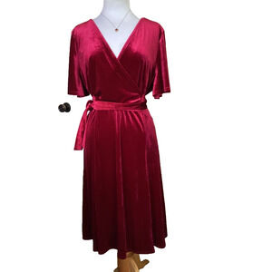 TACERA RED HOT VELVET V-NECK FAUX WRAP BELTED DRESS SZ PL